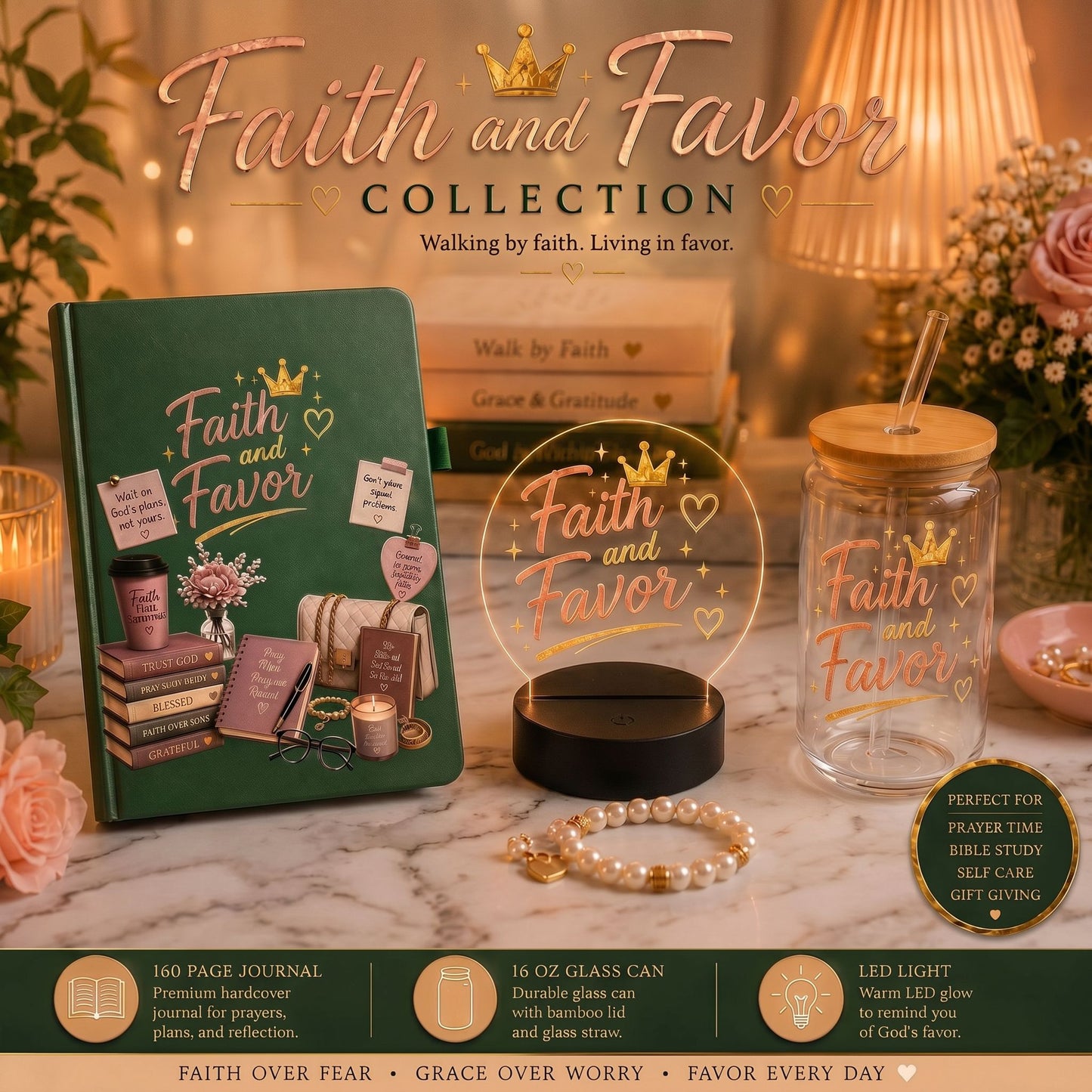 Faith and Favor Gift Bundle | Prayer Journal, Glass Can & LED Light