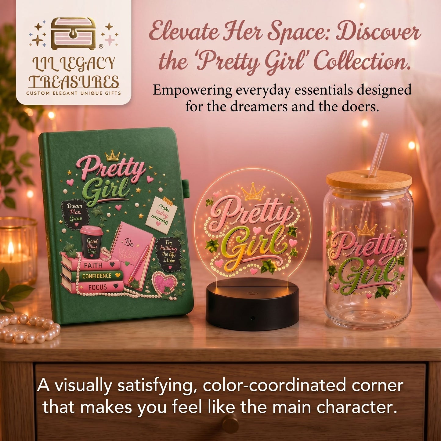 Pretty Girl Collection | Inspirational Journal, 16 oz Glass Can & LED Light Gift Set