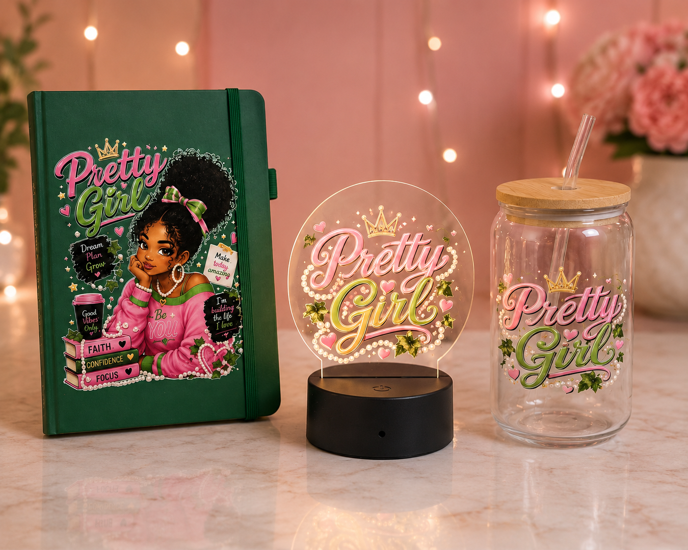 Pretty Girl Collection | Inspirational Journal, 16 oz Glass Can & LED Light Gift Set