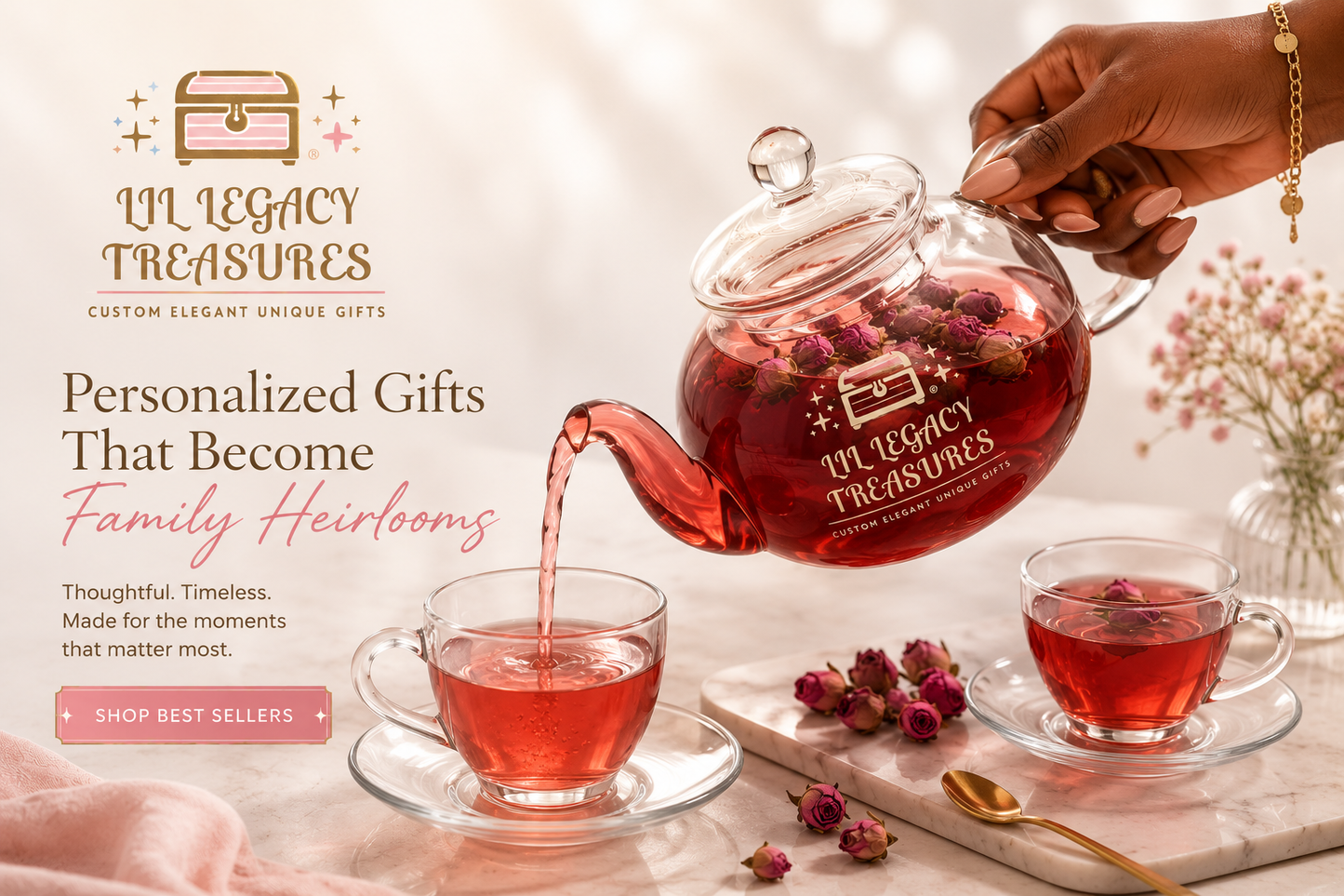 Personalized Glass Tea Set with Teapot, Warmer & 4 Cups