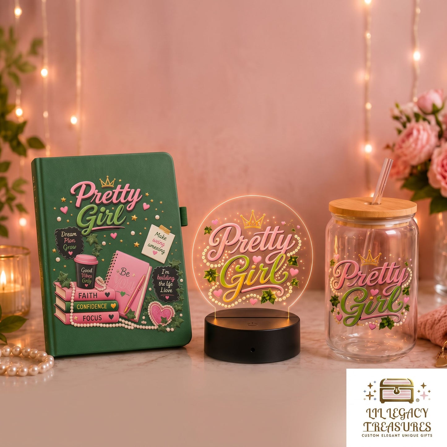 Pretty Girl Collection | Inspirational Journal, 16 oz Glass Can & LED Light Gift Set