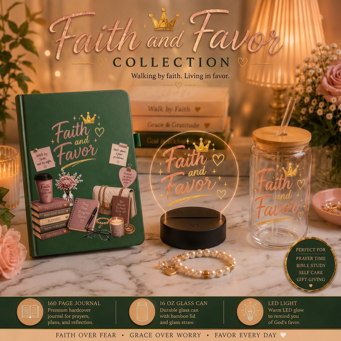 Faith and Favor Gift Bundle | Prayer Journal, Glass Can & LED Light