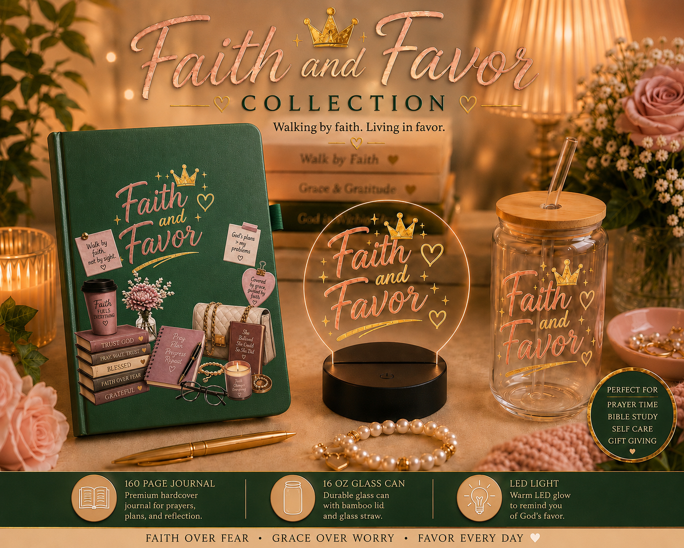 Faith and Favor Gift Bundle | Prayer Journal, Glass Can & LED Light