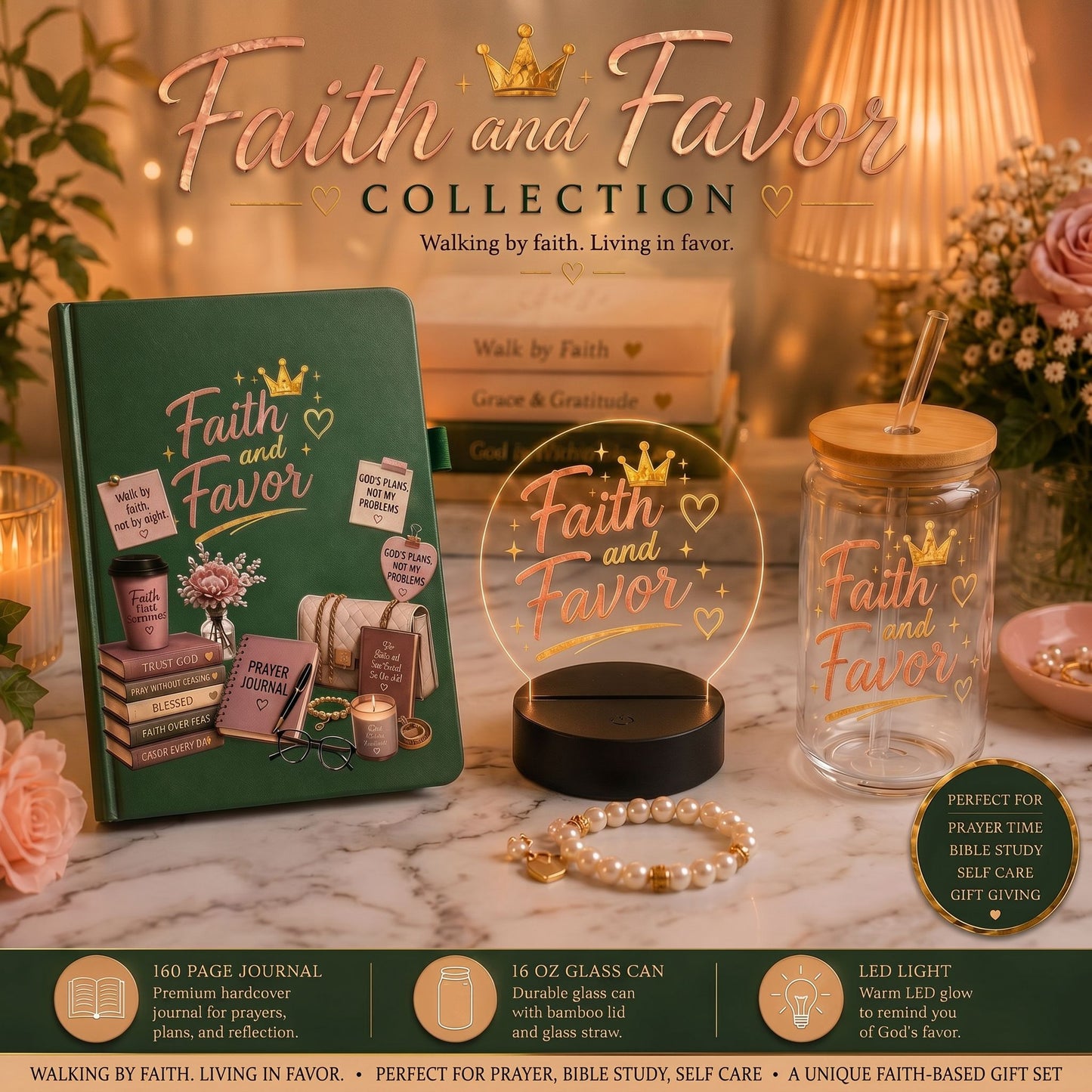 Faith and Favor Gift Bundle | Prayer Journal, Glass Can & LED Light