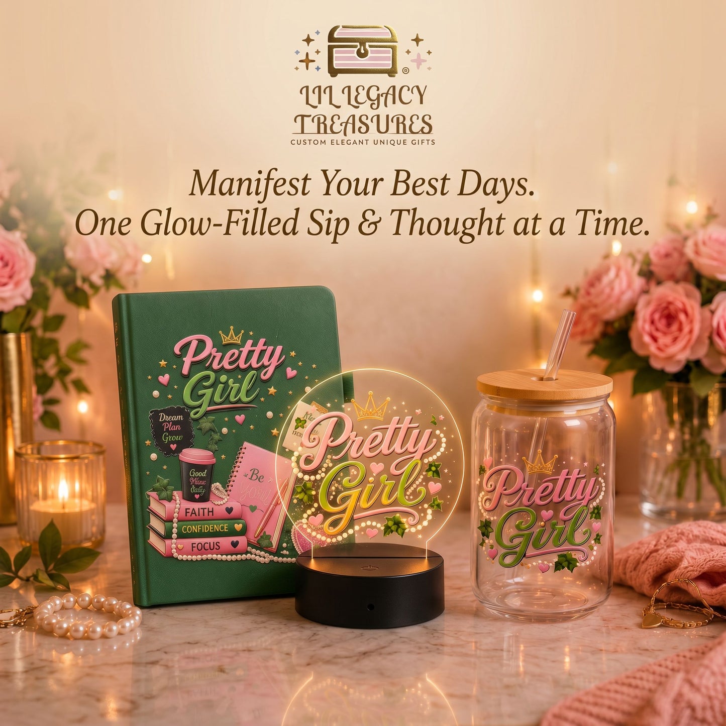 Pretty Girl Collection | Inspirational Journal, 16 oz Glass Can & LED Light Gift Set