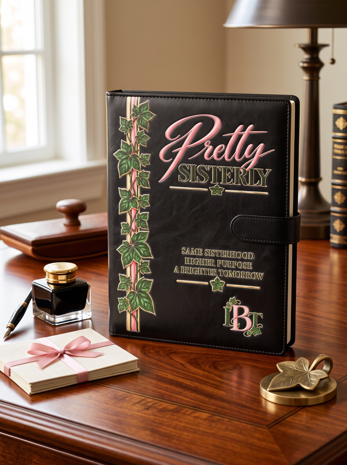 A black faux-leather planner or journal standing on a wooden table, decorated with pink script text reading 'Pretty Sisterly,' green ivy vine graphics, and decorative lettering. A small pink ribboned box, pen, ink bottle, and brass leaf-shaped object sit beside it in a warm indoor setting with a lamp and window in the background.