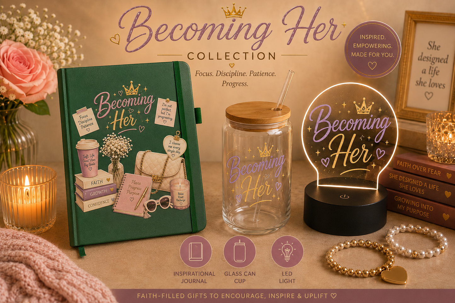 Becoming Her Collection | Inspirational Journal, Glass Can & LED Light Gift Set