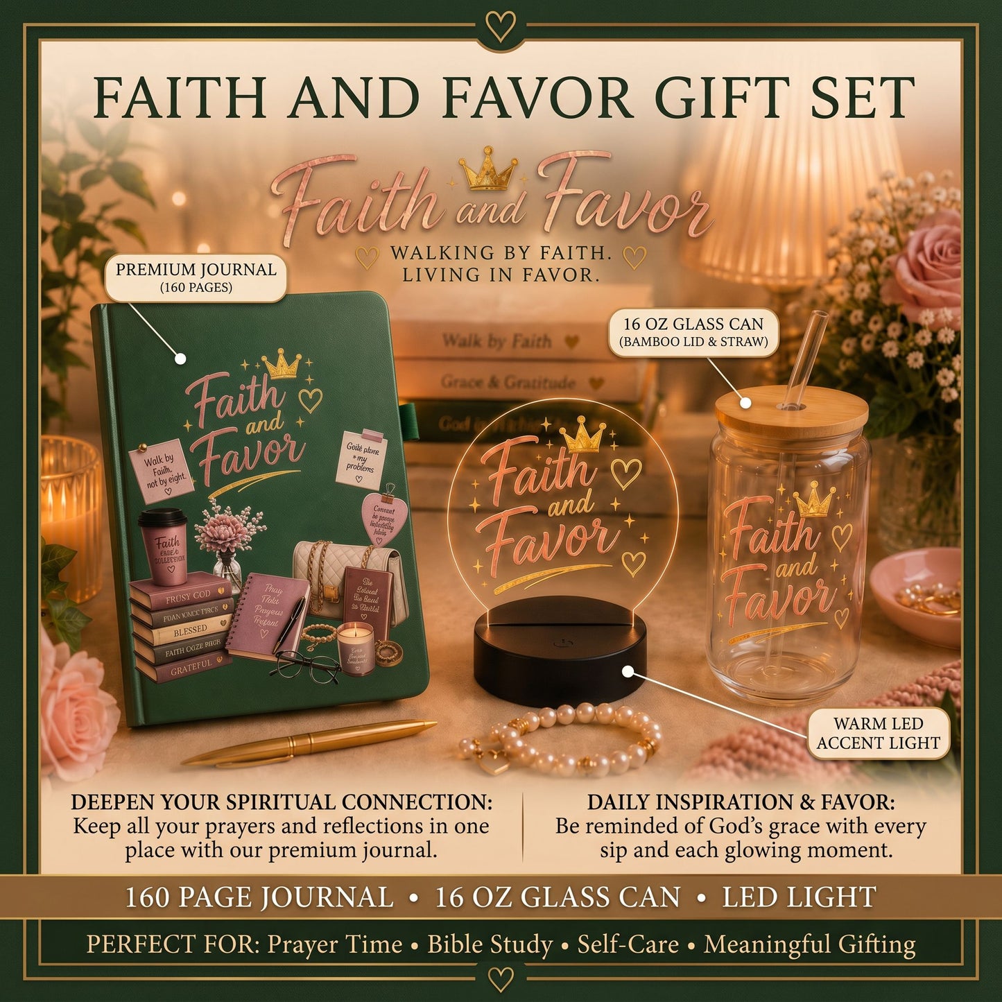 Faith and Favor Gift Bundle | Prayer Journal, Glass Can & LED Light