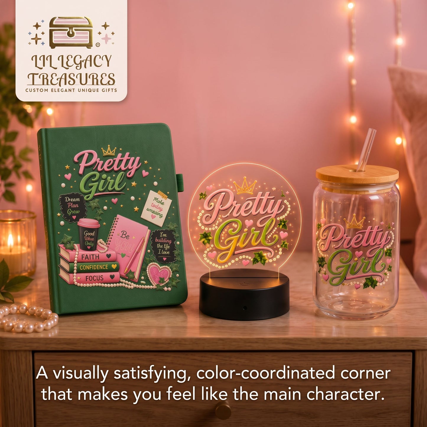 Pretty Girl Collection | Inspirational Journal, 16 oz Glass Can & LED Light Gift Set