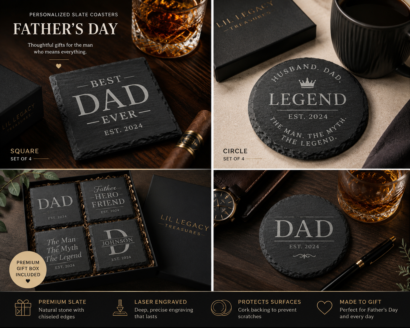 Legacy Luxe Personalized Slate Coaster Set for Dad | Father’s Day Gift
