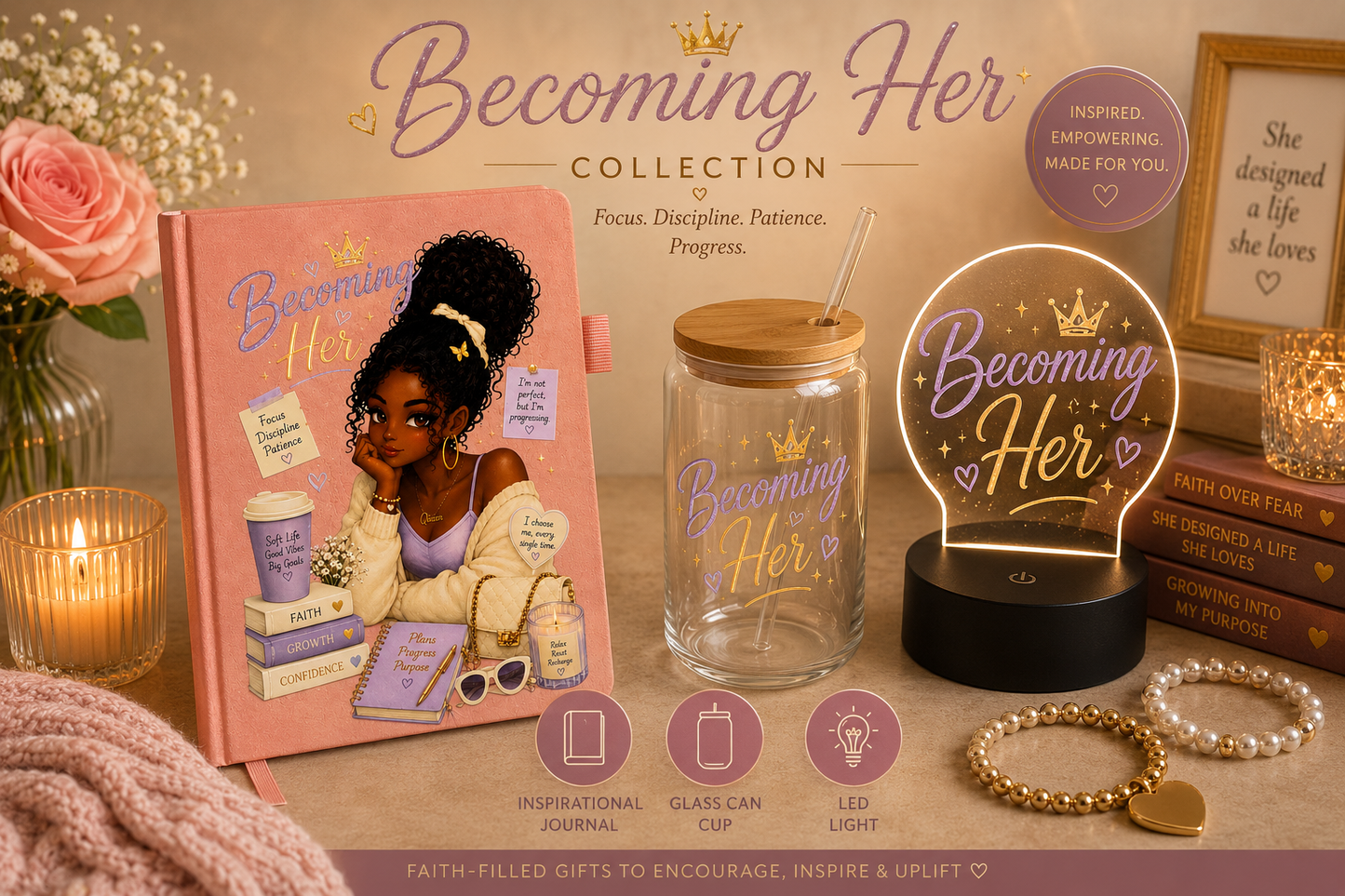 Becoming Her Collection | Inspirational Journal, Glass Can & LED Light Gift Set