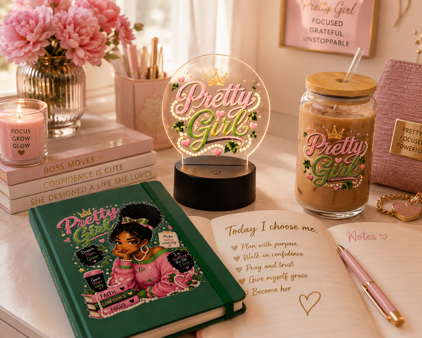 Pretty Girl Collection | Inspirational Journal, 16 oz Glass Can & LED Light Gift Set