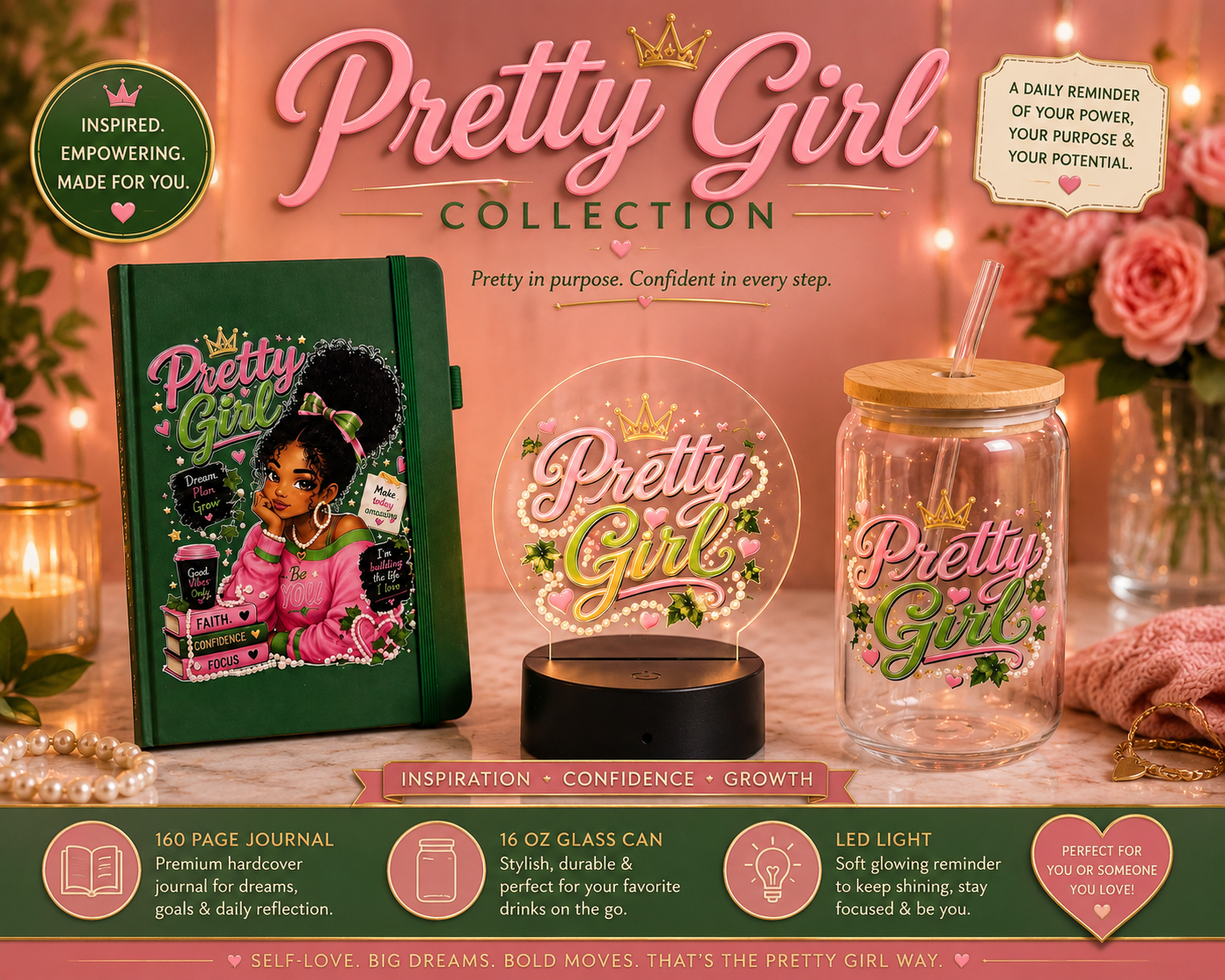 Pretty Girl Collection | Inspirational Journal, 16 oz Glass Can & LED Light Gift Set