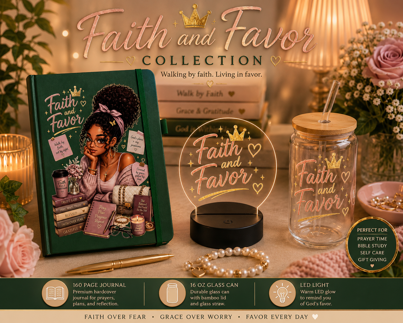 Faith and Favor Gift Bundle | Prayer Journal, Glass Can & LED Light