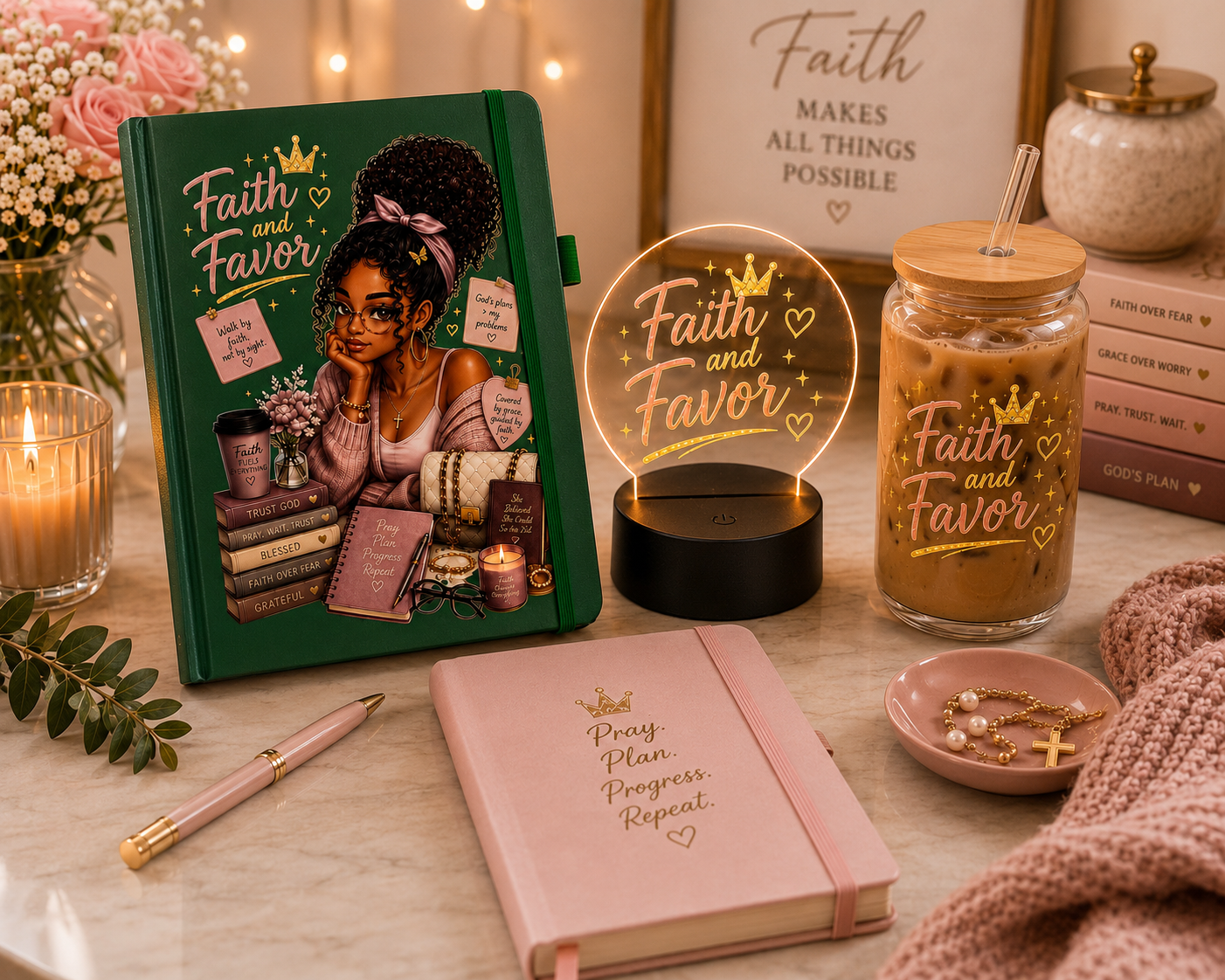 Faith and Favor Gift Bundle | Prayer Journal, Glass Can & LED Light