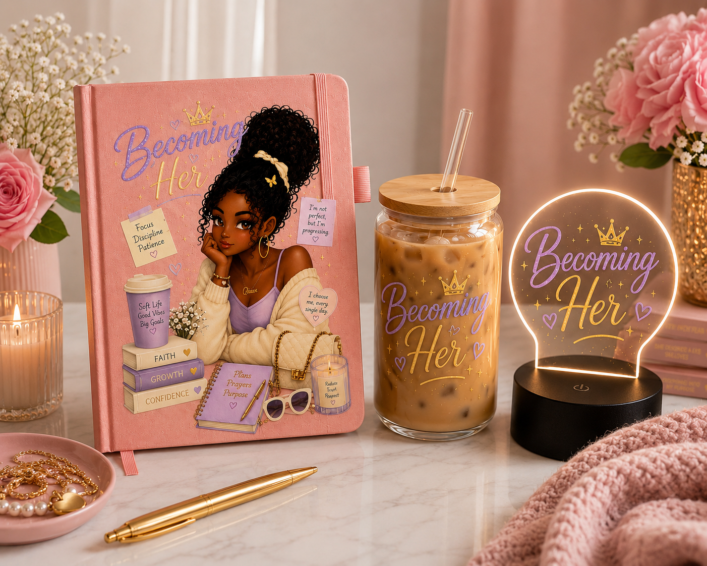 Becoming Her Collection | Inspirational Journal, Glass Can & LED Light Gift Set
