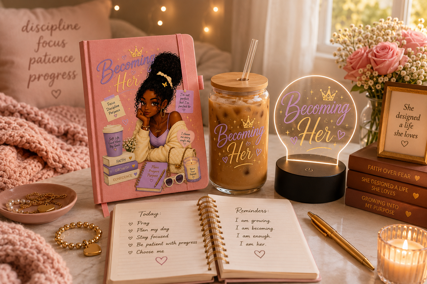 Becoming Her Collection | Inspirational Journal, Glass Can & LED Light Gift Set