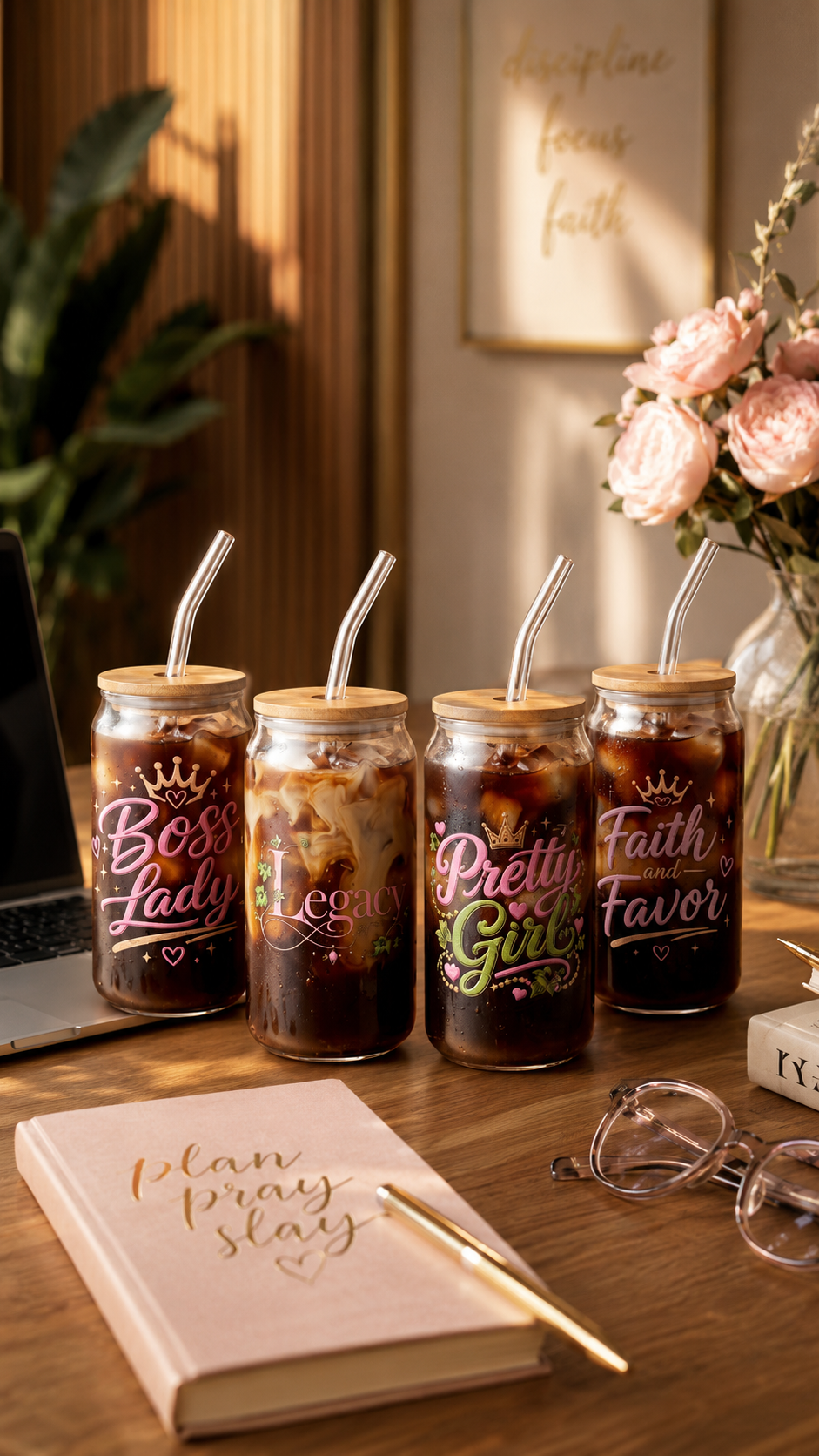 16 oz Glass Can Cup | Inspirational Iced Coffee Glass with Bamboo Lid & Glass Straw