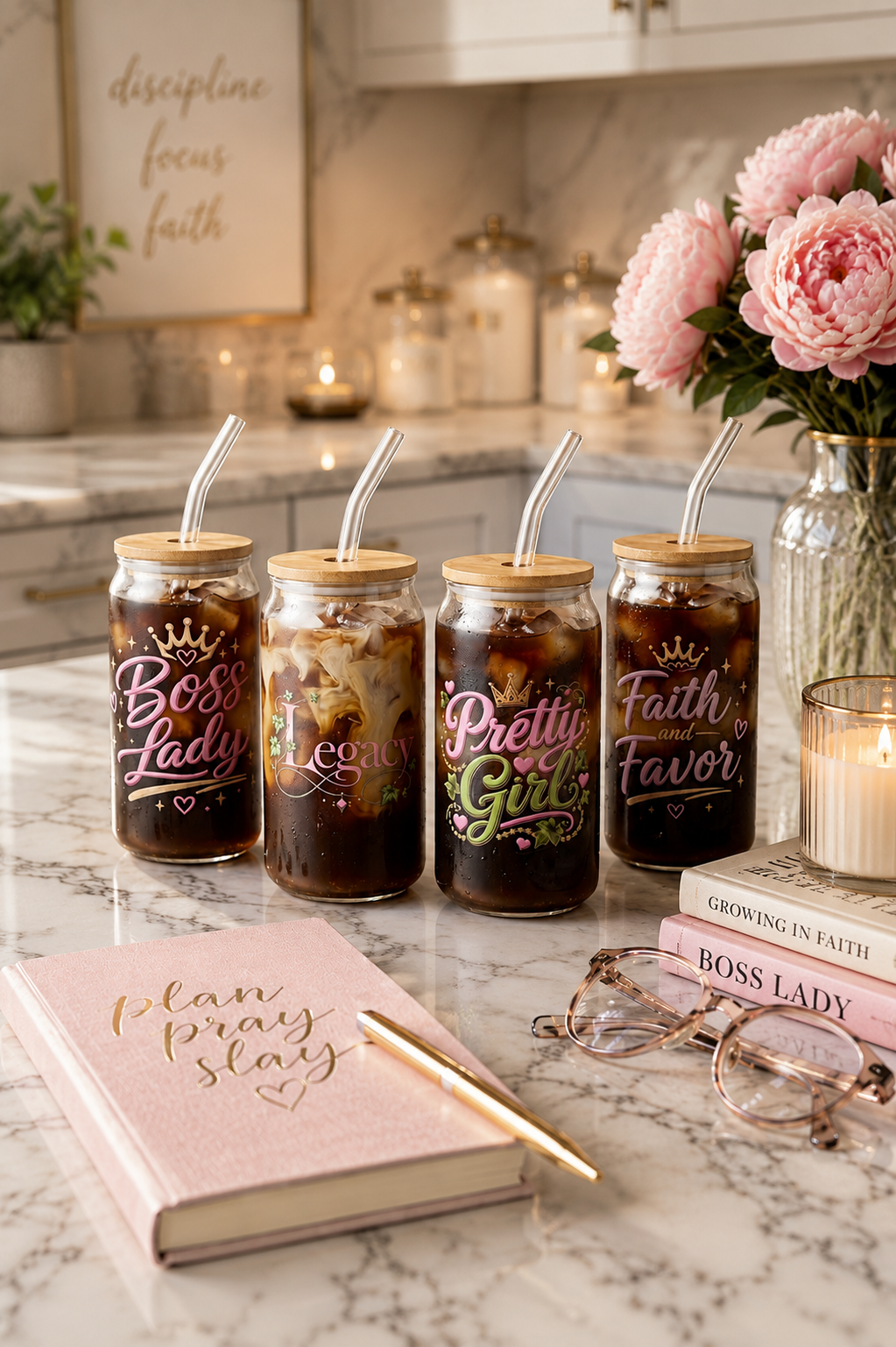 16 oz Glass Can Cup | Inspirational Iced Coffee Glass with Bamboo Lid & Glass Straw