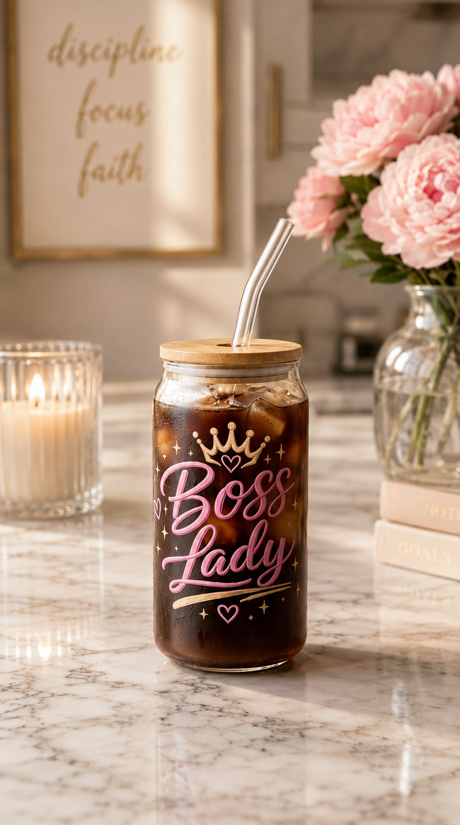 16 oz Glass Can Cup | Inspirational Iced Coffee Glass with Bamboo Lid & Glass Straw