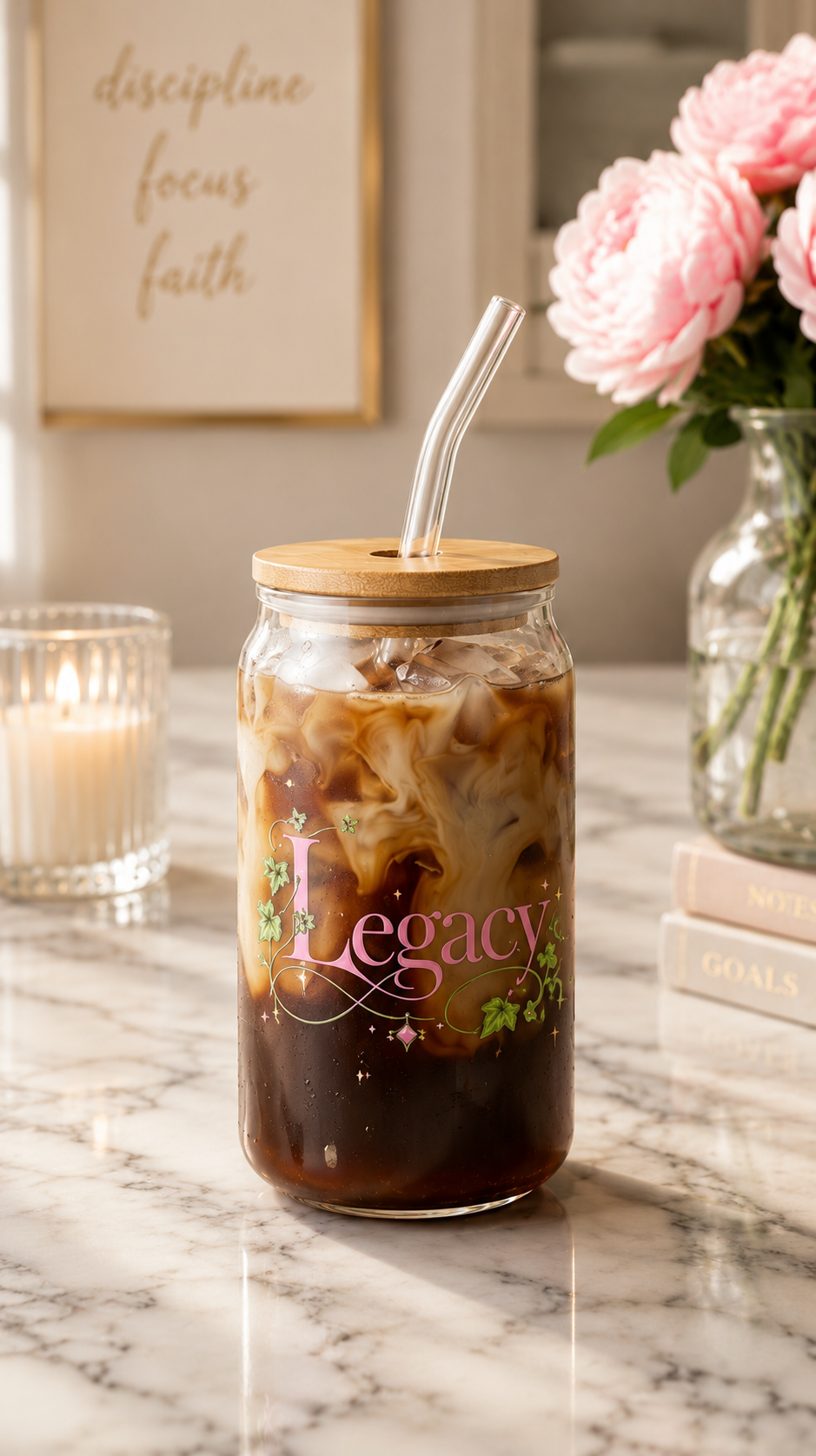 16 oz Glass Can Cup | Inspirational Iced Coffee Glass with Bamboo Lid & Glass Straw