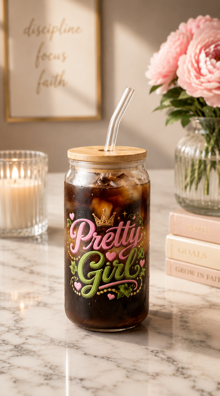 16 oz Glass Can Cup | Inspirational Iced Coffee Glass with Bamboo Lid & Glass Straw