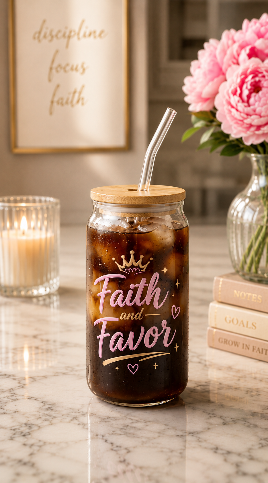 16 oz Glass Can Cup | Inspirational Iced Coffee Glass with Bamboo Lid & Glass Straw
