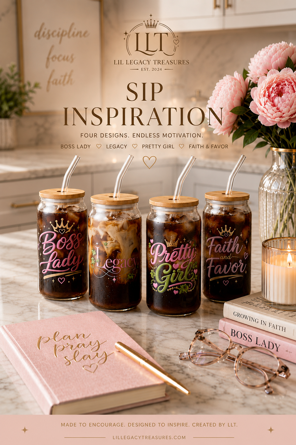 16 oz Glass Can Cup | Inspirational Iced Coffee Glass with Bamboo Lid & Glass Straw