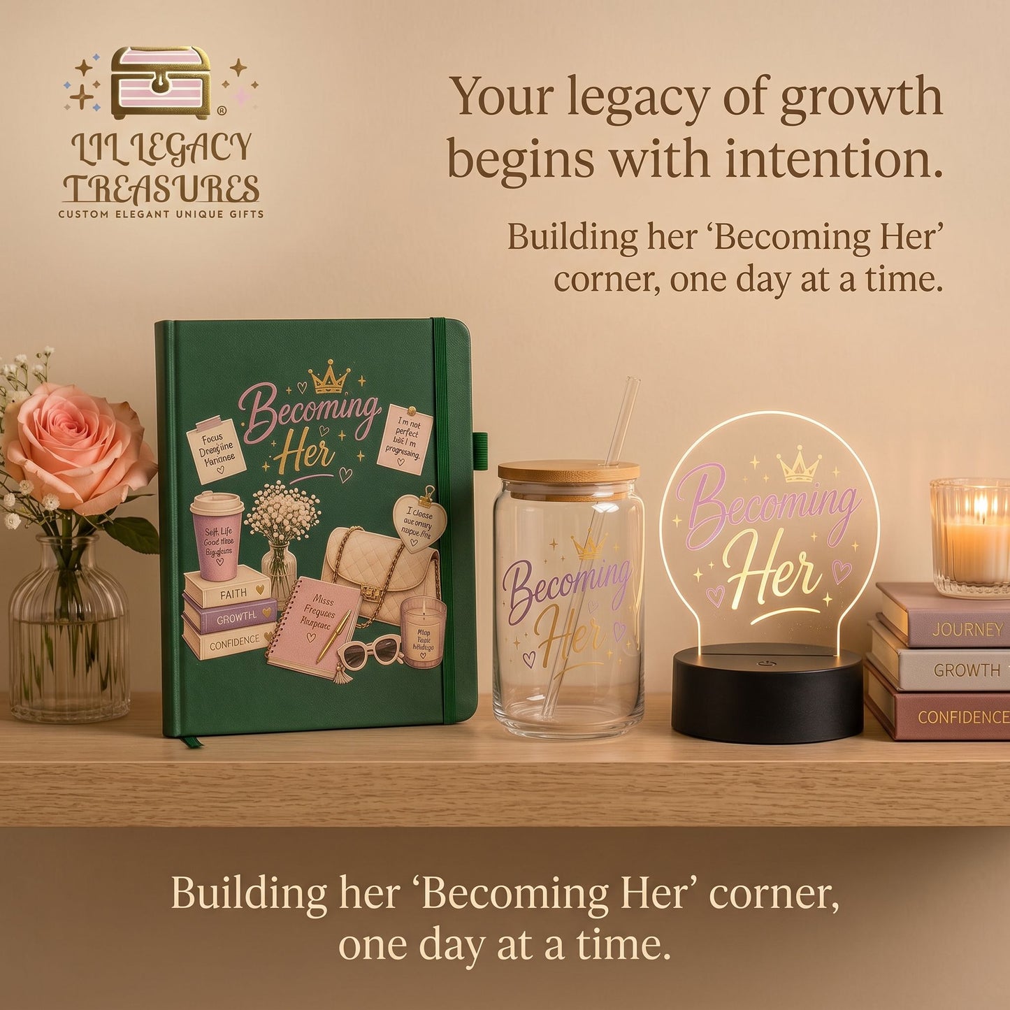 Becoming Her Collection | Inspirational Journal, Glass Can & LED Light Gift Set