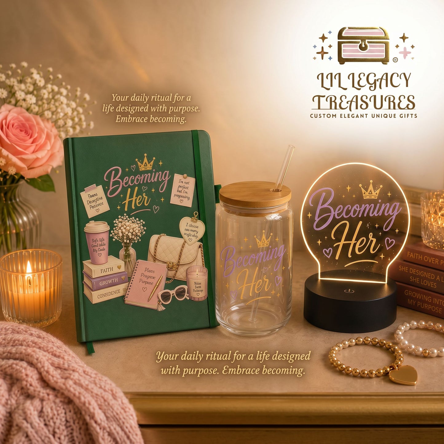 Becoming Her Collection | Inspirational Journal, Glass Can & LED Light Gift Set