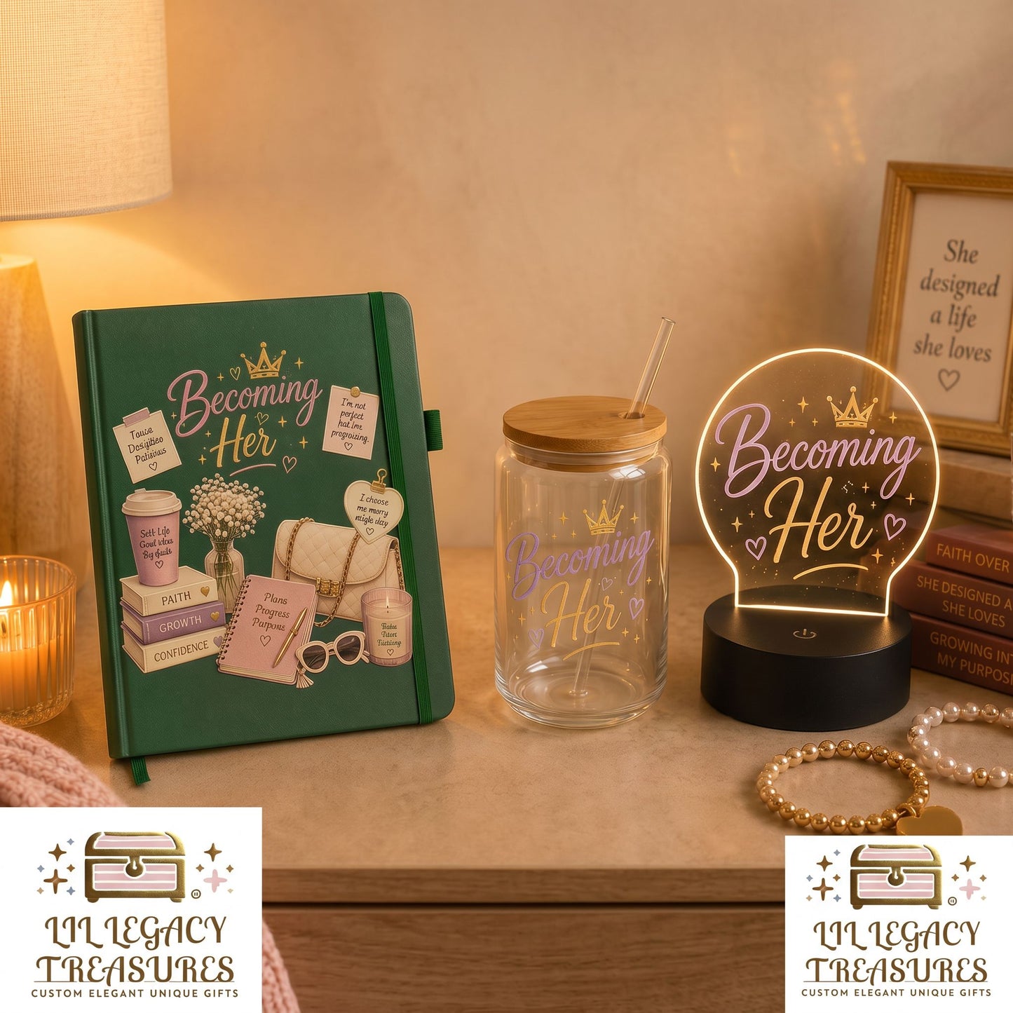 Becoming Her Collection | Inspirational Journal, Glass Can & LED Light Gift Set
