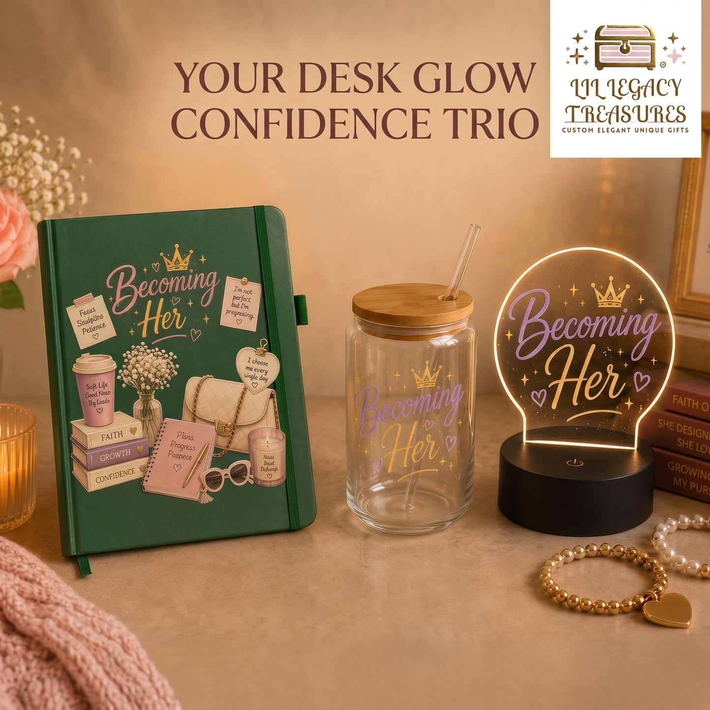 Becoming Her Collection | Inspirational Journal, Glass Can & LED Light Gift Set