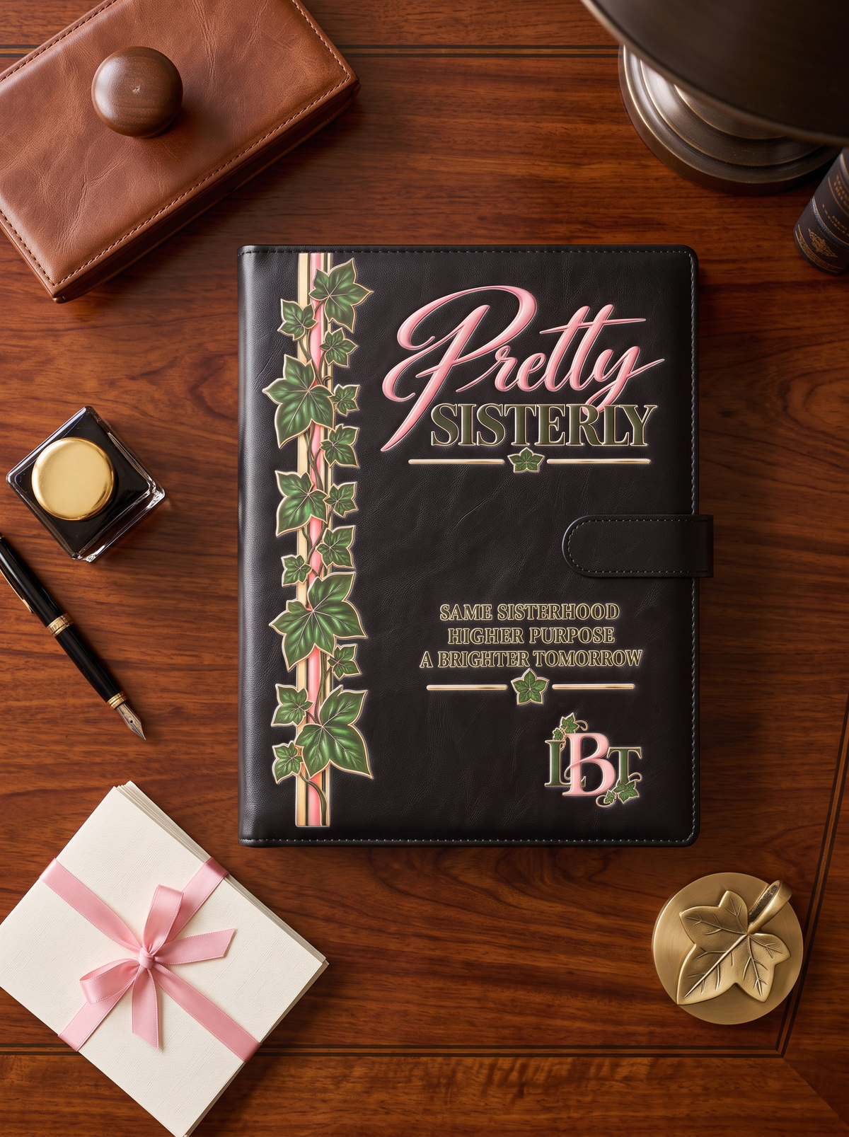 A black faux-leather planner or journal cover with a clasp closure, placed on a wooden desk. The cover features pink script text reading 'Pretty Sisterly,' green ivy illustrations along the left side, and gold-toned decorative text and stars.