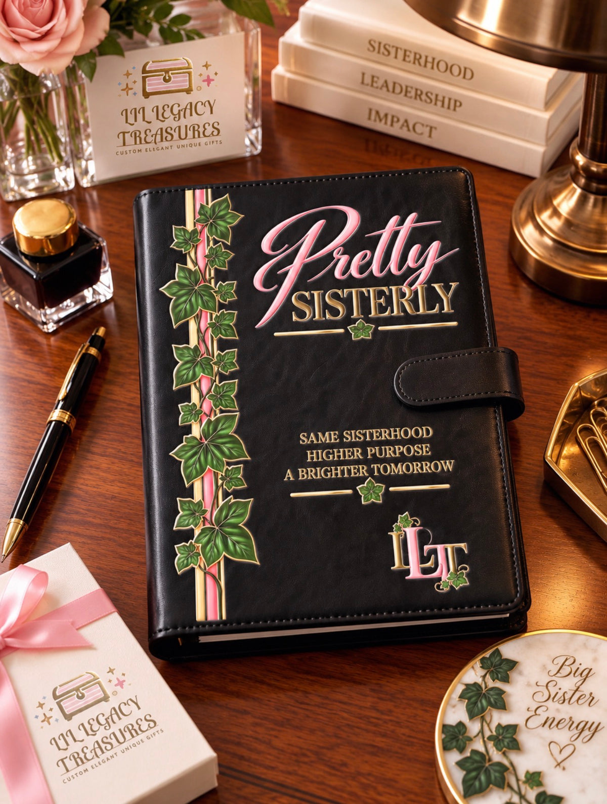 A black faux-leather planner or binder with a strap closure, decorated with pink and green floral vine graphics and the words 'Pretty Sisterly' on the front, displayed on a wooden desk with stationery and gift boxes around it.