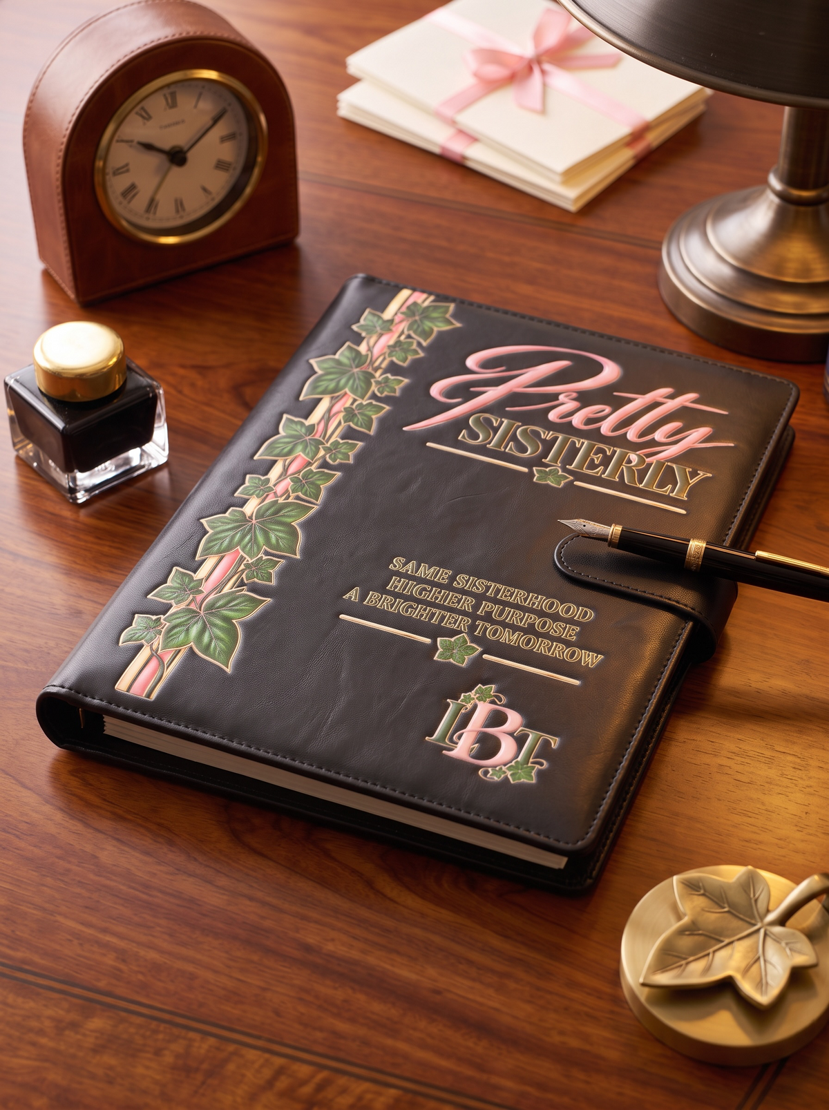 A black leather planner or journal cover with 'Pretty Sisterly' in pink and gold lettering, decorated with green ivy graphics, displayed on a wooden desk surrounded by coffee, books, and stationery.