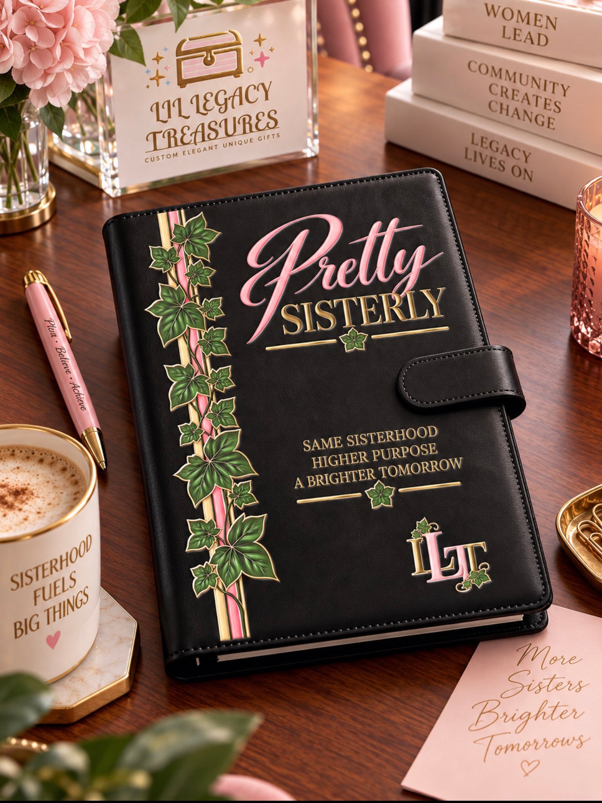 A black leather planner or journal cover with 'Pretty Sisterly' in pink and gold lettering, decorated with green ivy graphics, displayed on a wooden desk surrounded by coffee, books, and stationery.