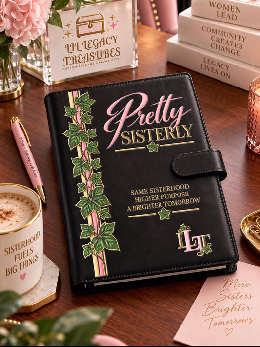 A black leather planner or journal cover with 'Pretty Sisterly' in pink and gold lettering, decorated with green ivy graphics, displayed on a wooden desk surrounded by coffee, books, and stationery.