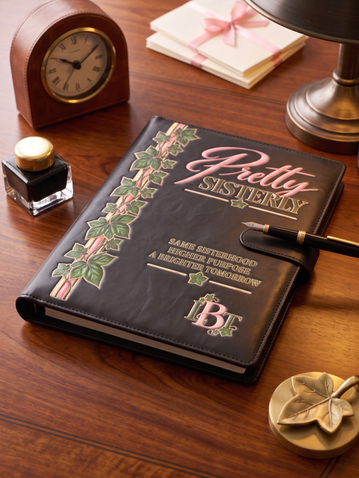A black faux-leather journal titled 'Pretty Sisterly' with pink and green decorative lettering and vine graphics, displayed on a wooden desk with a pen, clock, books, and other desk accessories.