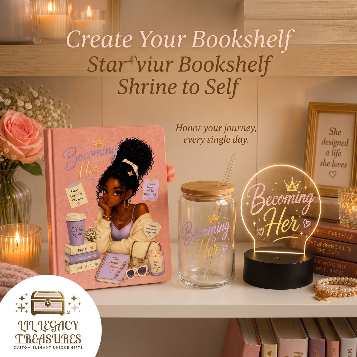 Becoming Her Collection | Inspirational Journal, Glass Can & LED Light Gift Set