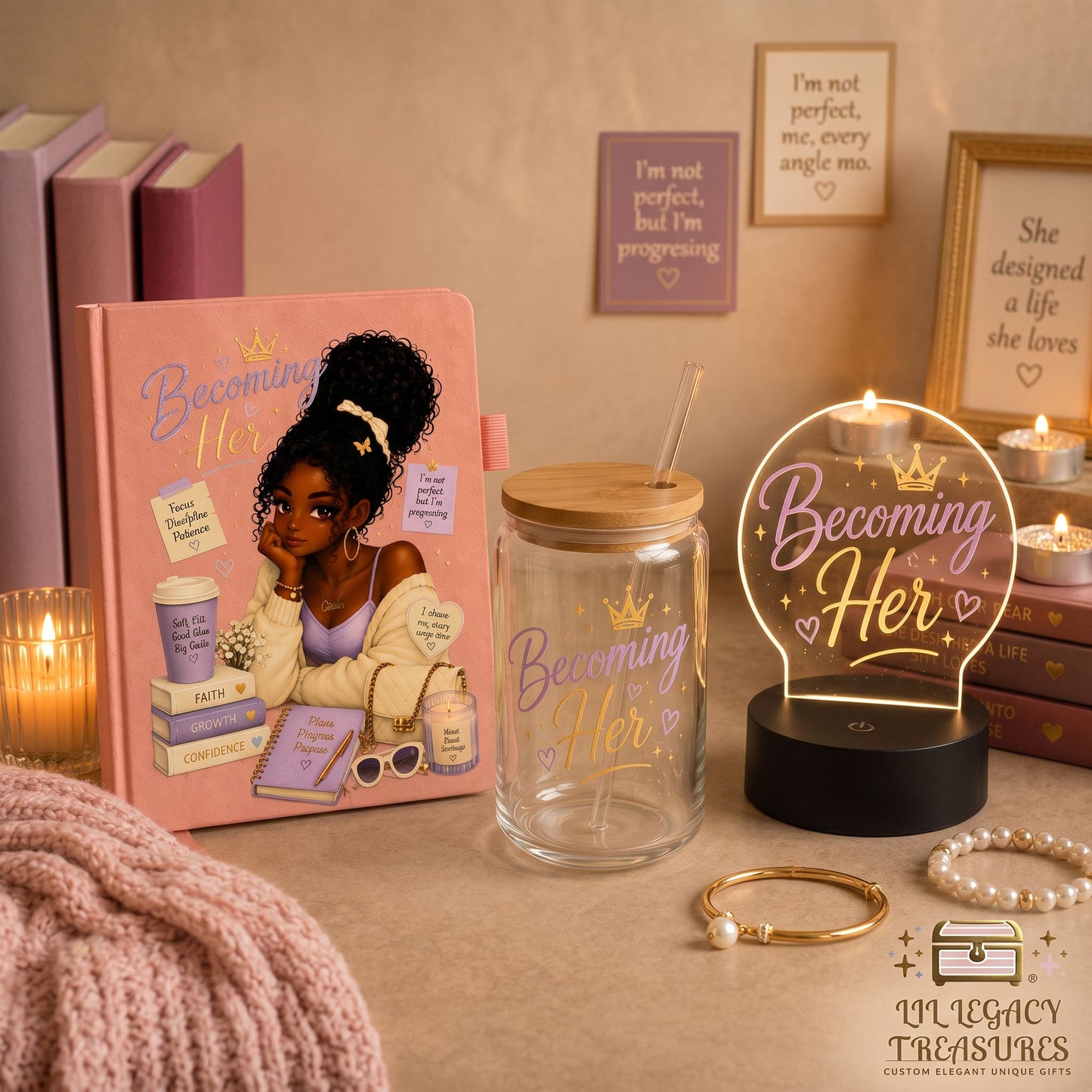 Becoming Her Collection | Inspirational Journal, Glass Can & LED Light Gift Set