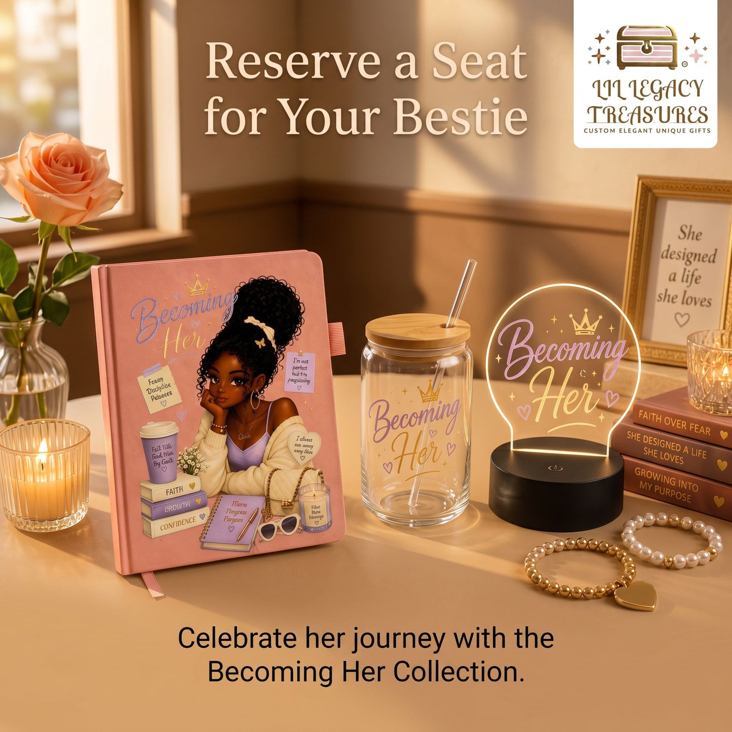 Becoming Her Collection | Inspirational Journal, Glass Can & LED Light Gift Set