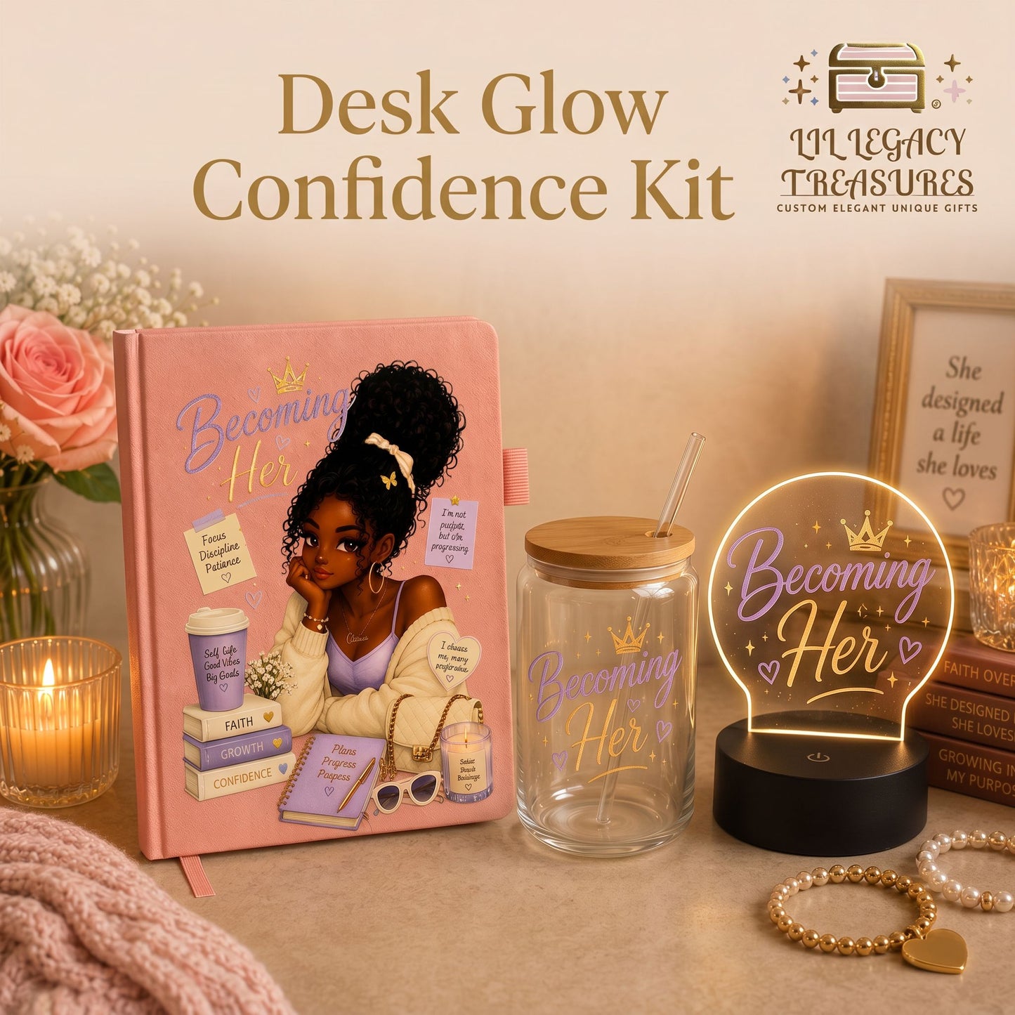 Becoming Her Collection | Inspirational Journal, Glass Can & LED Light Gift Set