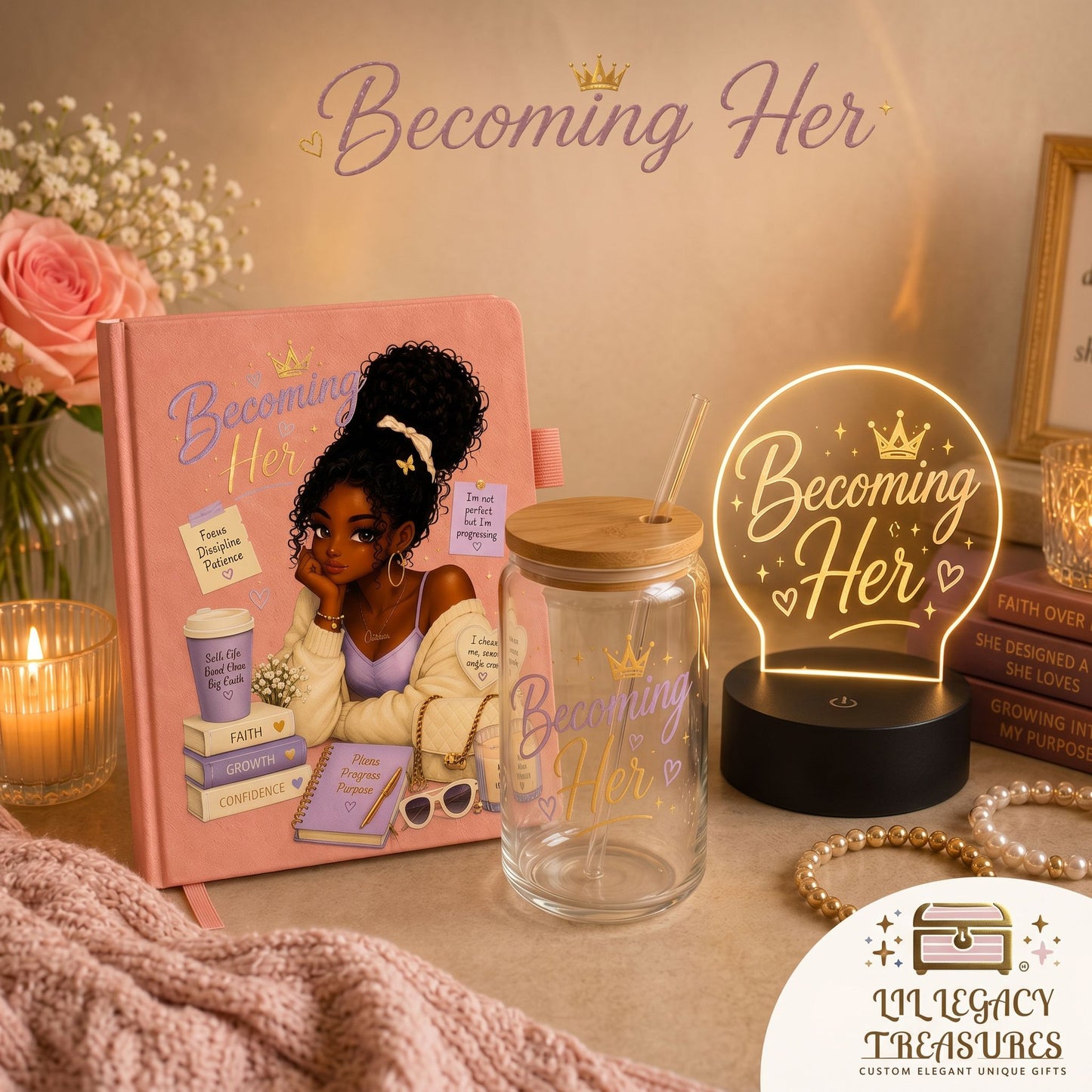 Becoming Her Collection | Inspirational Journal, Glass Can & LED Light Gift Set