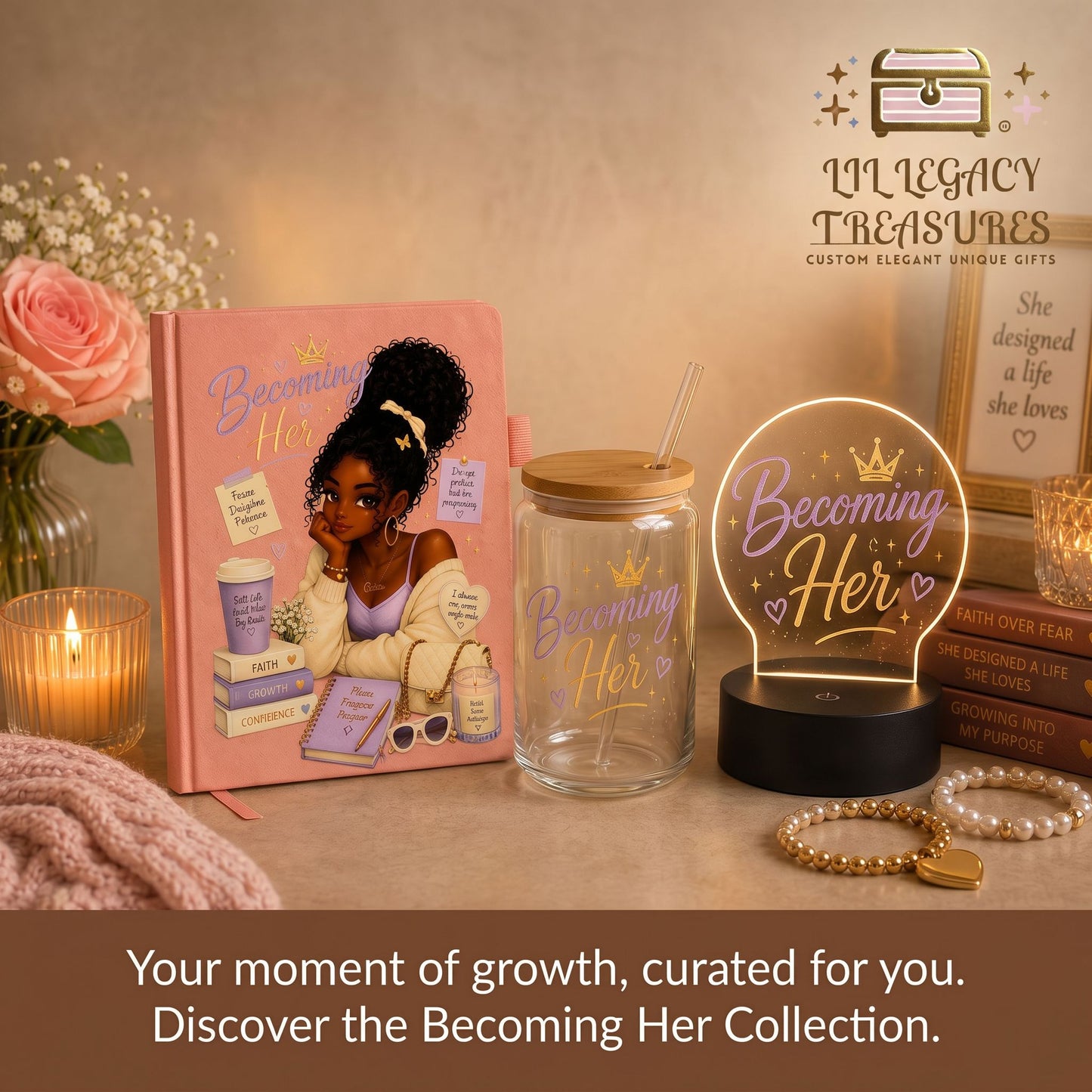 Becoming Her Collection | Inspirational Journal, Glass Can & LED Light Gift Set