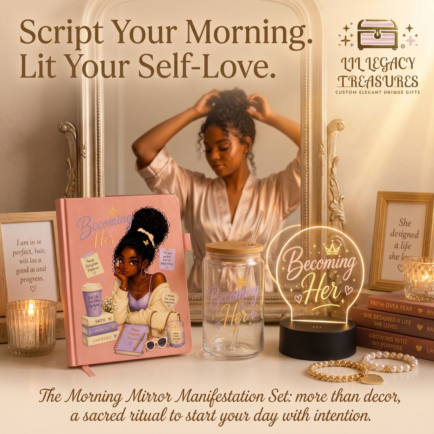 Becoming Her Collection | Inspirational Journal, Glass Can & LED Light Gift Set